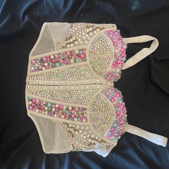 Boudior Corset Upcycled Bustier Rhinestones Crystals Pearls Punk Goth BDSM - Picture 5 of 5